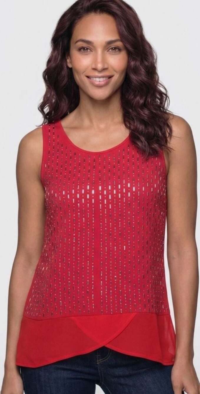Design History Red Sleeveless Tank Top with Beaded Front and Overlay Hem